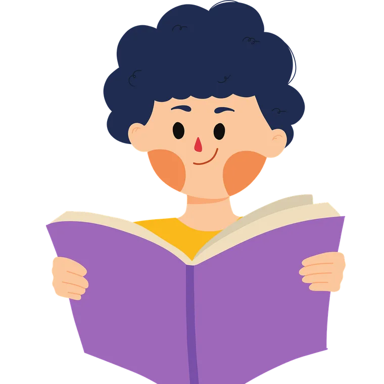 Ilustrasi kartun seorang anak tersenyum sambil membuka buku besar